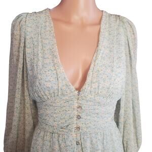 Acoa S Blue Floral Tiered Maxi Dress Deep V Cottage Romantic Fairy Ditsy Daisy